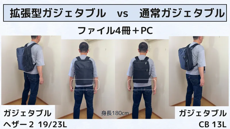 ガジェタブルヘザー２ 19/23L（拡張モデル）とガジェタブルCB 13Lと比較写真