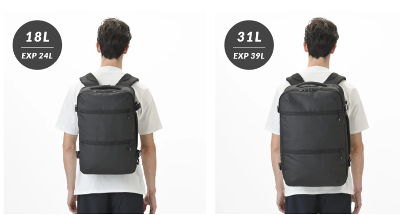 スペースオプトの2サイズを背負った背面からの写真。