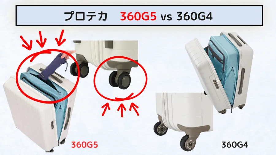 プロテカ360G5と360G4の比較画像。双輪キャスターや内装ファスナーなど新旧モデルの違いを解説。