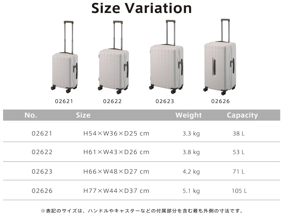 プロテカ360G5のサイズ比較画像。機内持ち込み対応の38Lから105Lまで4サイズの容量・重量・外寸を紹介。
