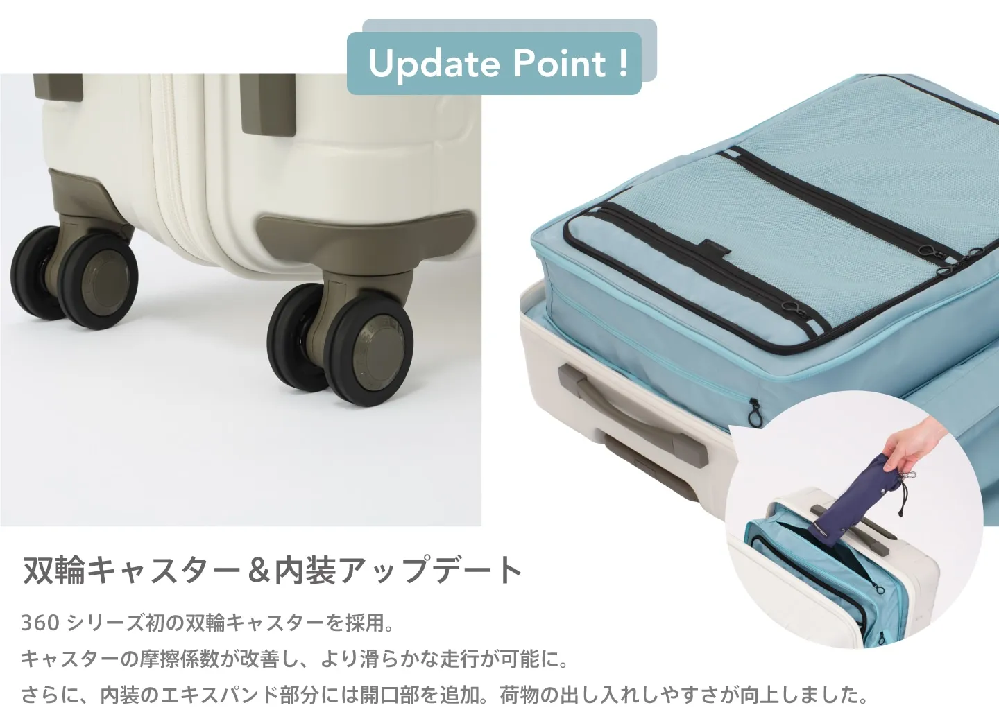 プロテカ360G5のアップデートポイントである双輪キャスターと内装エキスパンド部分の開口ファスナー